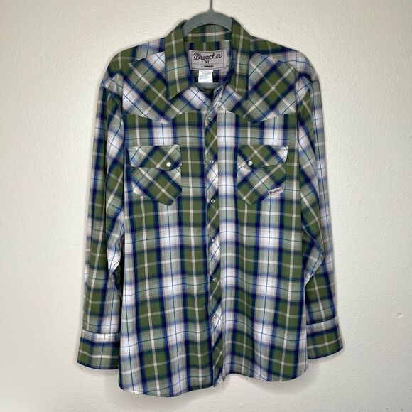 Wrangler Wrancher Green Blue Plaid Pearl Snap Long Sleeve Western Shirt Men XL - Picture 11 of 11